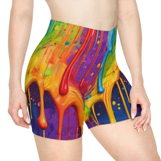 Rainbow Splatter Dripping wet look Women's Biker Shorts Stretchy