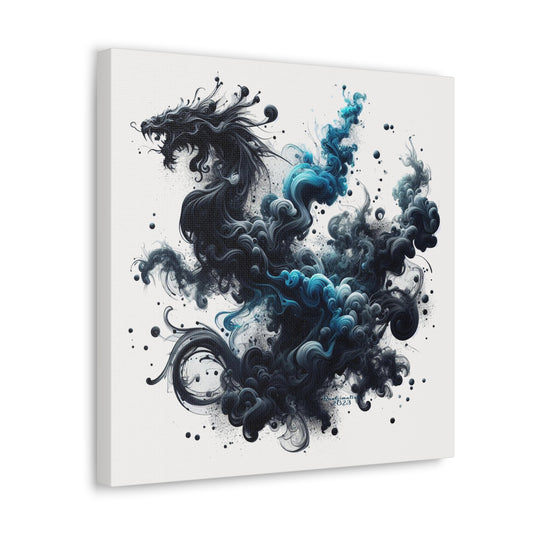Smokey Smoke Print of an Abstract Dragon Blue and Black Canvas Gallery Wraps Fantasy Square shape Medieval